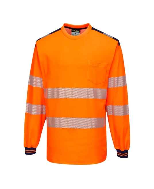 Tricou HiVis premium, maneca lunga, 55% bumbac, 45% poliester, 175g/m2, Portocaliu-Bleumarin Tricou HiVis premium, maneca lunga, 55% bumbac, 45% poliester, 175g/m2, Portocaliu-Bleumarin