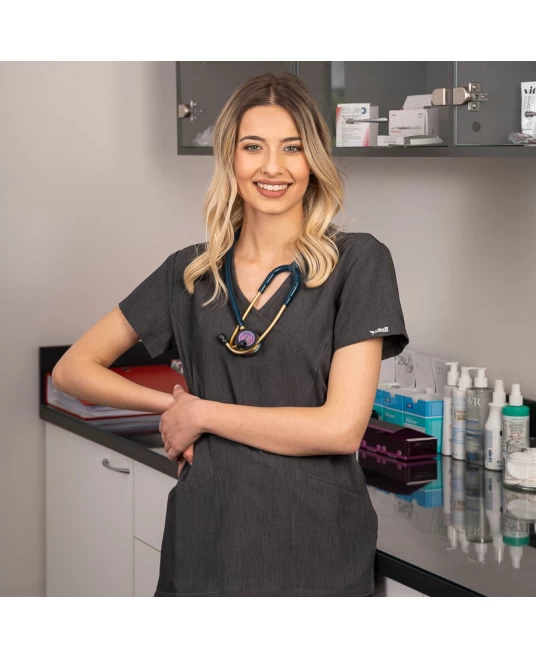 Tunica femei confortabila si moderna, cu 2 buzunare, gri inchis