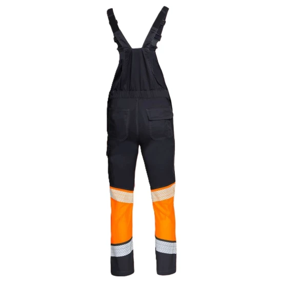 Salopeta cu pieptar stretch HiVis subtire 210g/m2, negru-portocaliu