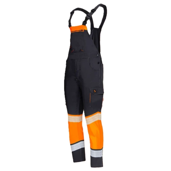 Salopeta cu pieptar stretch HiVis subtire 210g/m2, negru-portocaliu