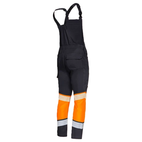 Salopeta cu pieptar stretch HiVis subtire 210g/m2, negru-portocaliu