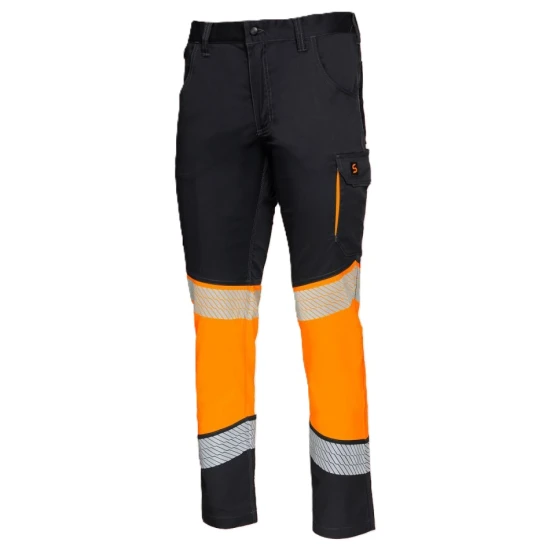 Pantaloni stretch tercot HiVis, elastan 210g/m2, negru-portocaliu