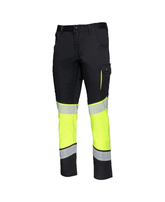Pantaloni stretch tercot HiVis, elastan 210g/m2, negru-galben