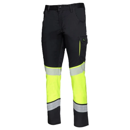 Pantaloni stretch tercot HiVis, elastan 210g/m2, negru-galben
