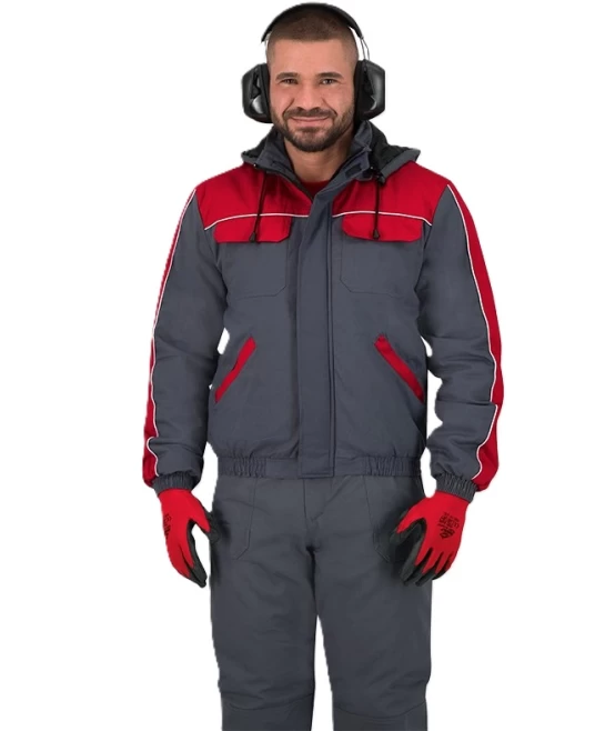 Jacheta vatuita bumbac hidrofobizat, gri cu rosu