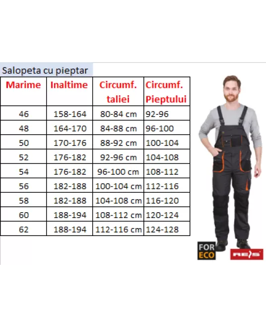 Salopeta cu pieptar tercot For Eco 260g/m2, negru si portocaliu Salopeta cu pieptar tercot For Eco 260g/m2, negru si portocaliu