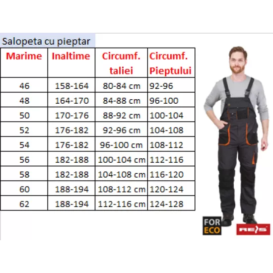 Salopeta cu pieptar tercot For Eco 260g/m2, negru si portocaliu Salopeta cu pieptar tercot For Eco 260g/m2, negru si portocaliu